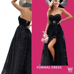 Black Mesh & Sequined Strapless Evening Dress